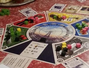 View of the World’s Fair 1893 board, mid-game, reflecting active play. Photo courtesy: Beth Sobel.