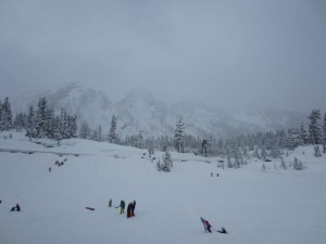 One of the best parts of sledding can be the surrounding view. This one is a blustery day at Mount Baker's sledding bowl.