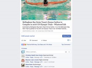 After sharing this press release from the Bellingham Bay Swim Team, our readers rallied around Emma Carlton, cheering her on as she heads to the 2016 US Olympic Trials. ©WhatcomTalk. 