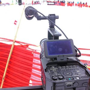 A behind-the-scenes shot of the filming of the 30th Banked Slalom at Mt. Baker. Katie Ann Plick uses a FS700 camera. Photo courtesy: Plicks Flicks.