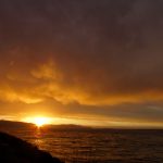 sunset, ocean, lake, water, mountain, clouds, sun, silhouette