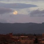 City, mountain, moon, cloud, buildings, sky, night
