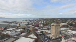 Redal navigates his drone over downtown Bellingham to capture iconic buildings such as the Whatcom Museum. Photo courtesy: Screenshot from Above Bellingham.