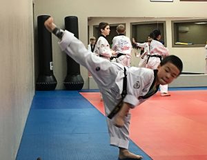 High kicks and lots of focus make for a vigorous practice. Photo credit: Dondi Tondro-Smith.
