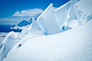 Rogel captured this skier on the glacial face of Mt. Tennant on the Antarctic Peninsula. Photo credit: Rogel Media. 