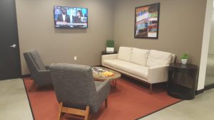 Regus' waiting room gives clients options for tight meeting schedules. Photo courtesy: Regis.