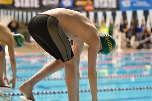 Sehome's Ean Chalfie prior to the state of the 200 free consolation race. The Mariners finished ninth overall as a team. Photo credit: Grant Clark. 