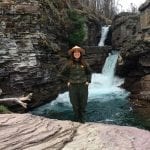 Gaudy-By-Nature-Jane-Davenport-in-her-Park-Ranger-Wear-in-front-of-waterfall