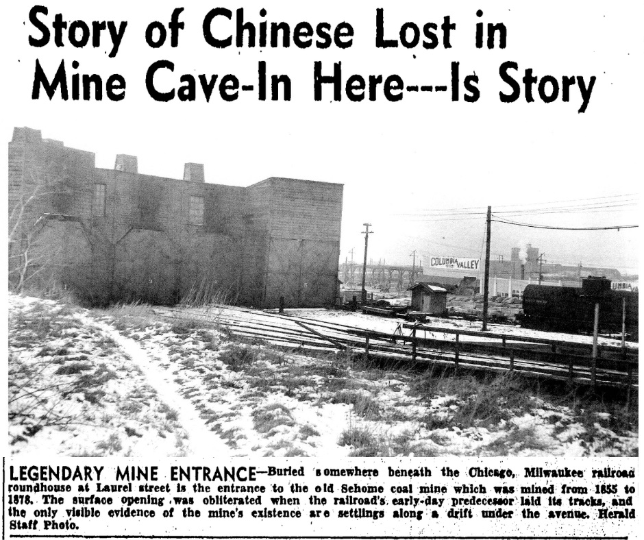The story of a curse, placed upon Bellingham by buried Chinese miners, continued to circulate in local media and story-telling for decades after supposedly occurring. This Jack Carver photo is from a 1949 Bellingham Herald article.